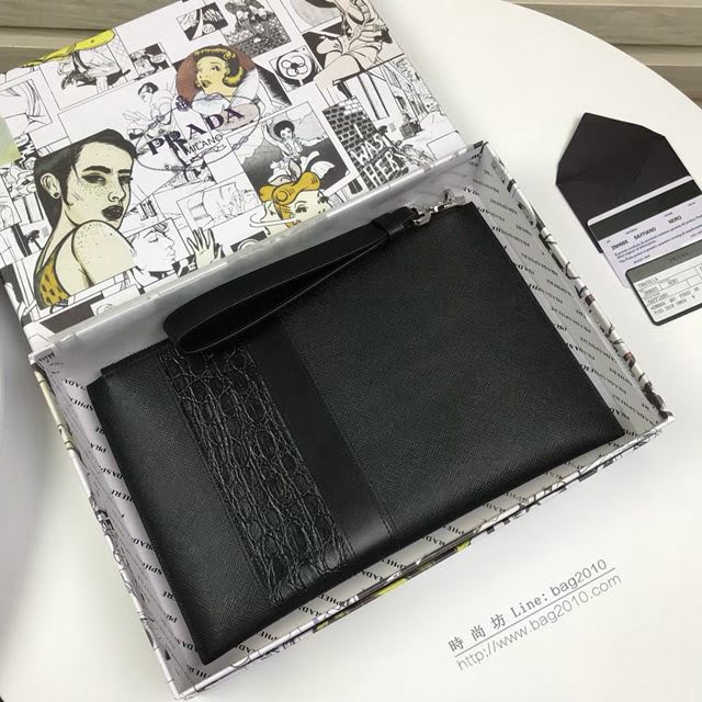 prada手包 普拉達新款皮革手拿包 2NH005 PRADA十字紋牛皮黑色手拿包  pyd2249